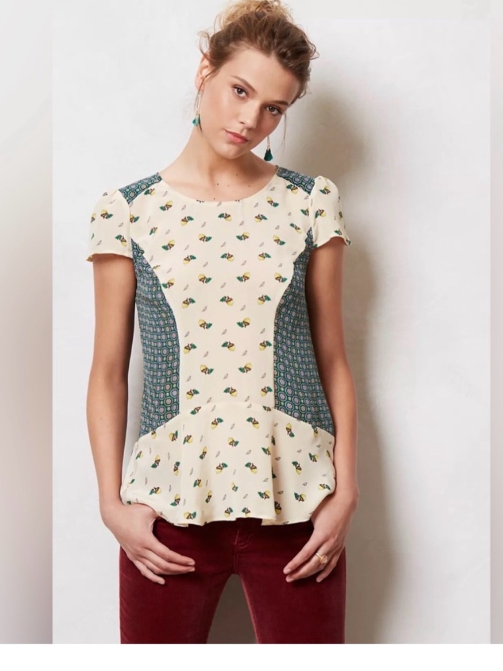 Maeve Cream Floral Peplum Top with Teal Paneling